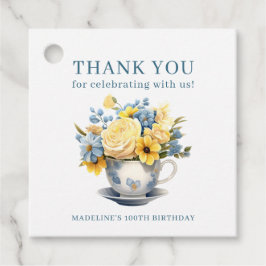 Teacup Geel Blauw Bloemen 100ste Verjaardag Bedankjes Labels