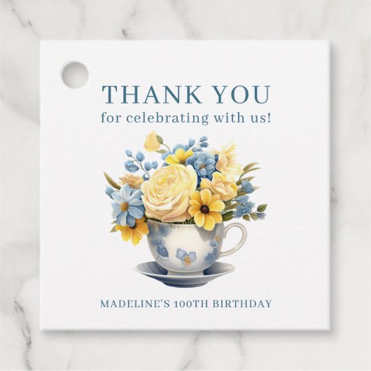 Teacup Geel Blauw Bloemen 100ste Verjaardag Bedankjes Labels (Voorkant)