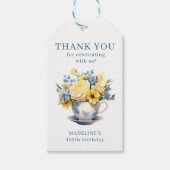 Teacup Geel Blauw Bloemen 100ste Verjaardag Cadeaulabel (Voorkant)