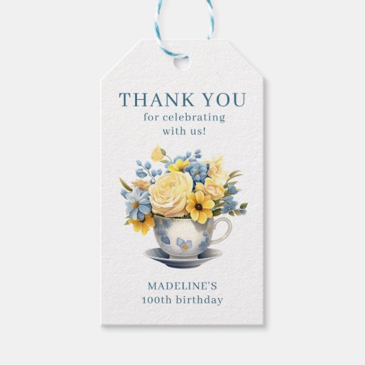 Teacup Geel Blauw Bloemen 100ste Verjaardag Cadeaulabel (Voorkant)