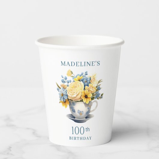Teacup Geel Blauw Bloemen 100ste Verjaardag Papieren Bekers (Achterkant)