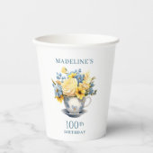 Teacup Geel Blauw Bloemen 100ste Verjaardag Papieren Bekers (Voorkant)