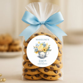 Teacup Geel Blauw Bloemen 100ste Verjaardag Ronde Sticker