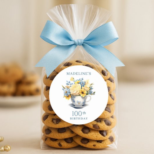 Teacup Geel Blauw Bloemen 100ste Verjaardag Ronde Sticker