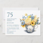 Teacup Geel Blauw Bloemen 75e Verjaardag Kaart (Voorkant)