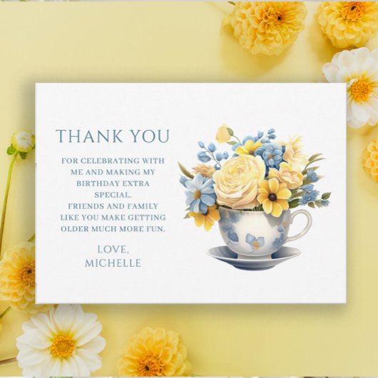 Teacup Geel Blauw Bloemen Verjaardag Bedankkaart