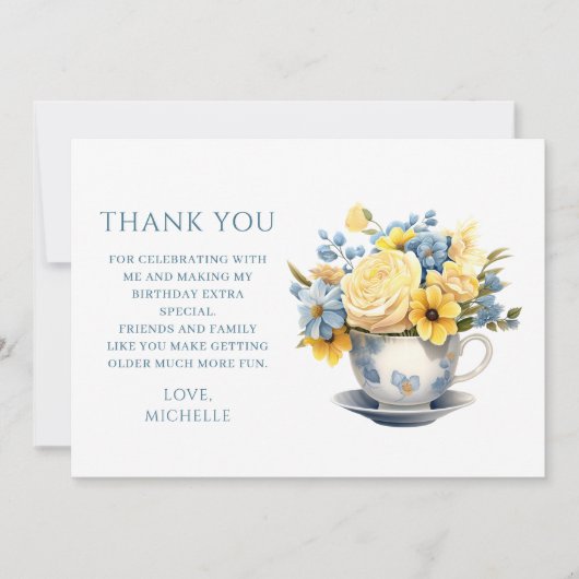 Teacup Geel Blauw Bloemen Verjaardag Bedankkaart (Voorkant)