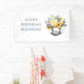 Teacup Geel Blauw Bloemen Verjaardag Spandoek (Insitu)