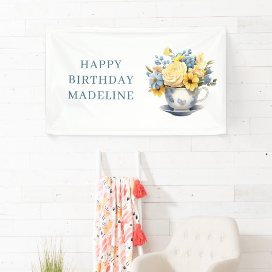 Teacup Geel Blauw Bloemen Verjaardag Spandoek (Insitu)