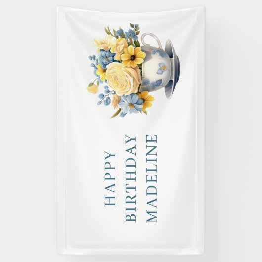 Teacup Geel Blauw Bloemen Verjaardag Spandoek (Verticaal)
