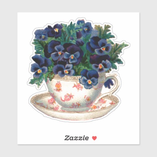 TEACUP MET PANSIES TRANSPARANTE STICKER (Vel)