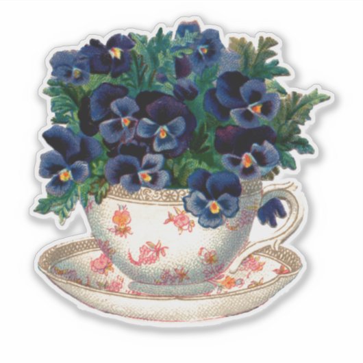  TEACUP MET PANSIES TRANSPARANTE STICKER (Voorkant)