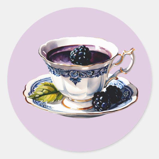 Teacup Pastel Elegantie Blackberry & Blooms Ronde Sticker (Voorkant)