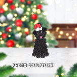 Teacup Poodle-Ornament met kerstmis Fotobeeldje Ornament<br><div class="desc">Kute,  krullende haren,  zwarte,  teacup poodle met rood pet van de Kerstman boven op het hoofd. Schattige ogen en roze tong uit. Grafische illustratie: Lori@SaltTownStudio</div>