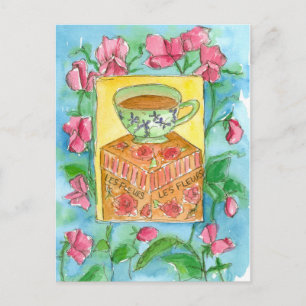 Teacup Roze Zoeterwten Bloemen Waterverf Briefkaart