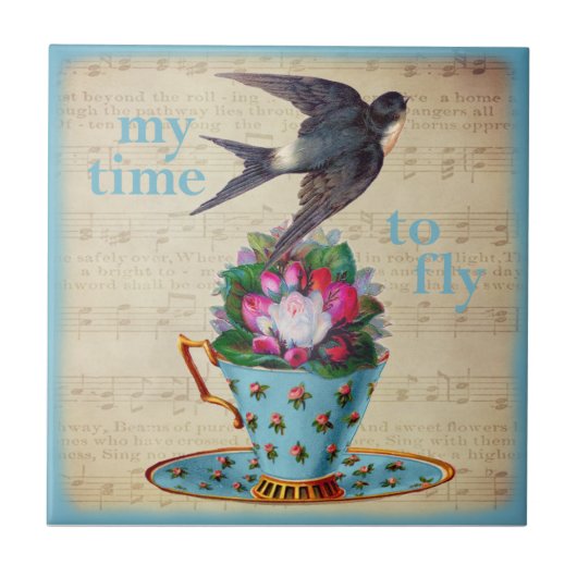  Teacup-Rozen en vliegende zwevende vogel Tegeltje (Voorkant)