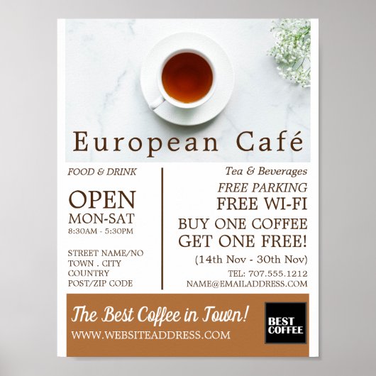 Teacup & Saucer, Barista, Café, Coffeehouse Advert Poster (Voorkant)