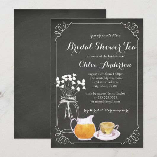 Teacup schoolbord Elegante Bruids Douche Uitnodigi Kaart (Voorkant / Achterkant)