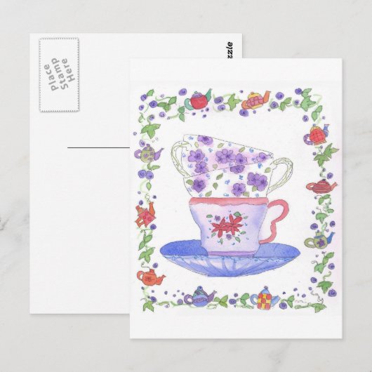 Teacup Stack Tea Time Waterverf Flowers Briefkaart (Voorkant / Achterkant)
