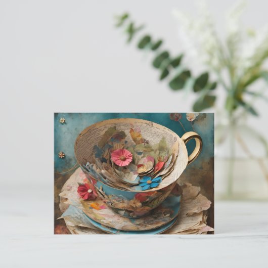 Teacup van papier gevuld met bloemen Briefkaart (Staand voorkant)