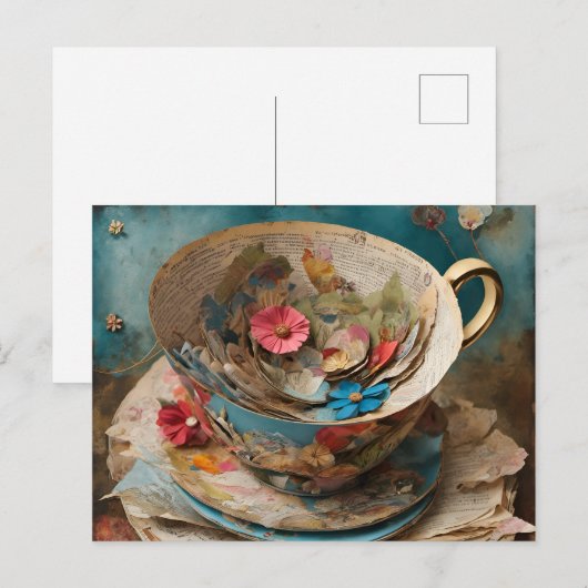 Teacup van papier gevuld met bloemen Briefkaart (Voorkant / Achterkant)