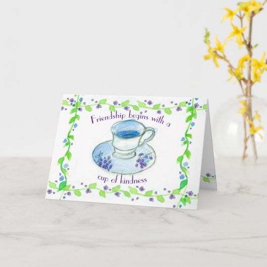 Teacup-vriendschap begint met een beker van eigenh kaart (Gele Bloem)
