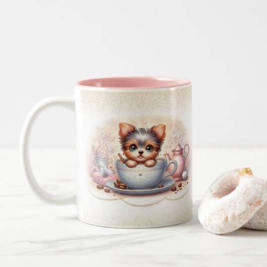  Teacup Yorkie Coffee Lover Tweekleurige Koffiemok (Met donut)