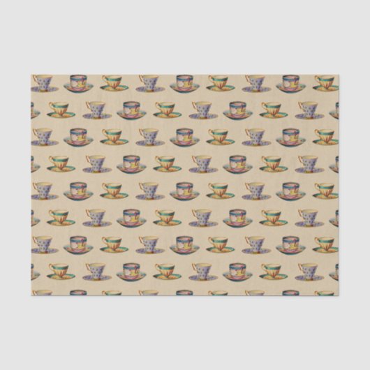Teacups Pattern Beige Tissuepapier (Voorkant)
