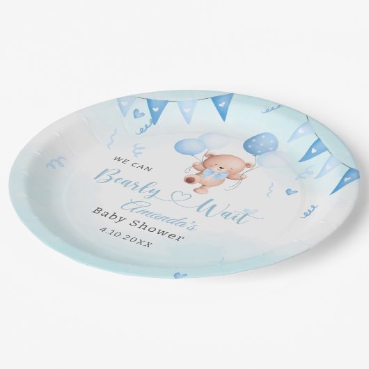 Teady Baby Beer waterverf Boho Blue Balloons Papieren Bordje (Gekanteld)