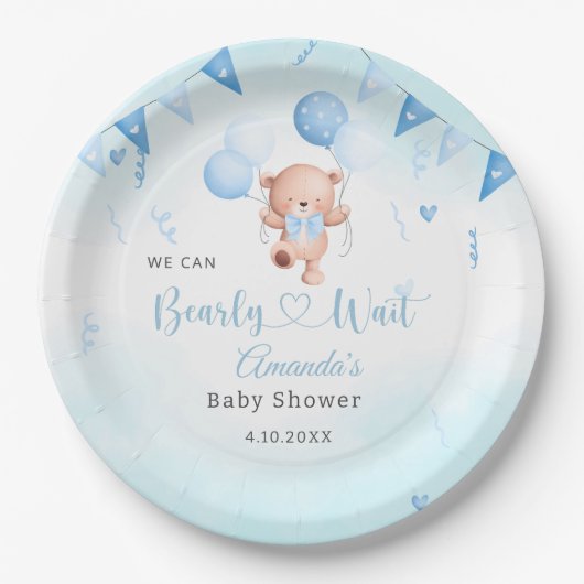 Teady Baby Beer waterverf Boho Blue Balloons Papieren Bordje (Voorkant)