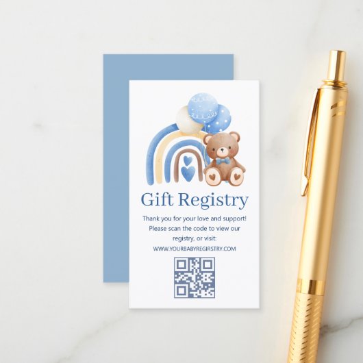 teady bear baby Shower gift registry qr code Informatiekaartje (Voorkant / Achterkant in situ)