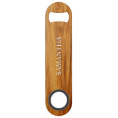 Teak houten afbeeldingslogo witte tekst speed flessenopener (Voorkant)