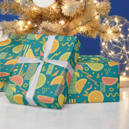Teal 80’s citrusfruitsneden cadeaupapier