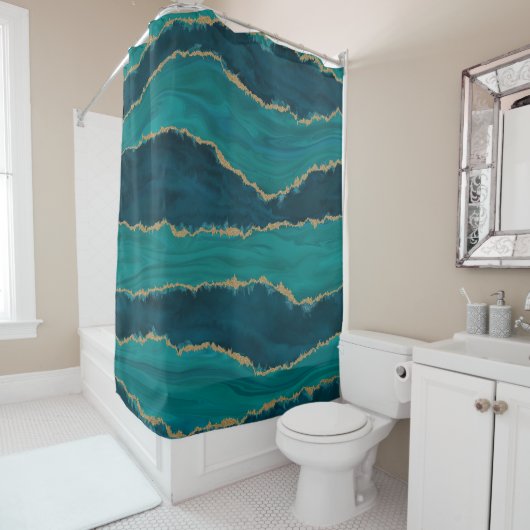 Teal Agate Golven – Abstract Marmer met Goud Douchegordijn (In situ)