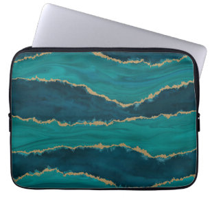 Teal Agate Golven – Abstract Marmer met Goud Laptop Sleeve