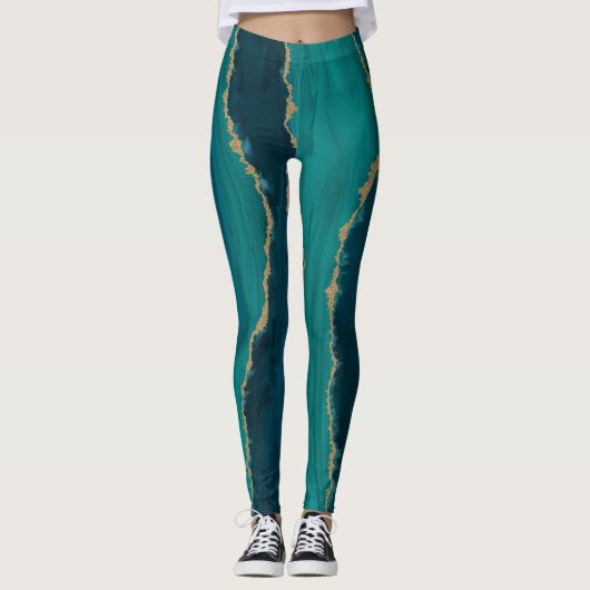 Teal Agate Golven – Abstract Marmer met Goud Leggings (Voorkant)
