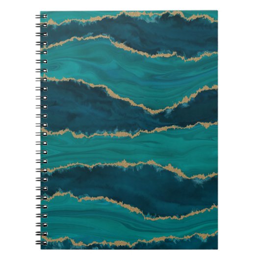 Teal Agate Golven – Abstract Marmer met Goud Notitieboek (Voorkant)
