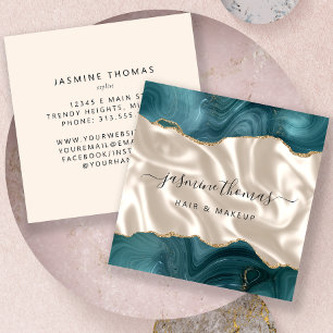 Teal Agate Goud Glitter Ivoor Luxe Vierkante Visitekaartje