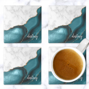 Teal Agate Signature Witte Marmer Goud Stenen Onderzetter