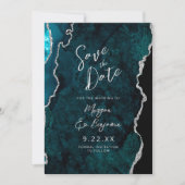 Teal Agate Silver Script Wedding Save the Date Kaart (Voorkant)