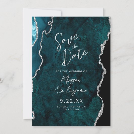 Teal Agate Silver Script Wedding Save the Date Kaart (Voorkant)