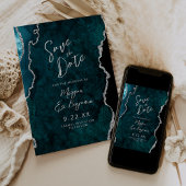 Teal Agate Silver Script Wedding Save the Date Kaart