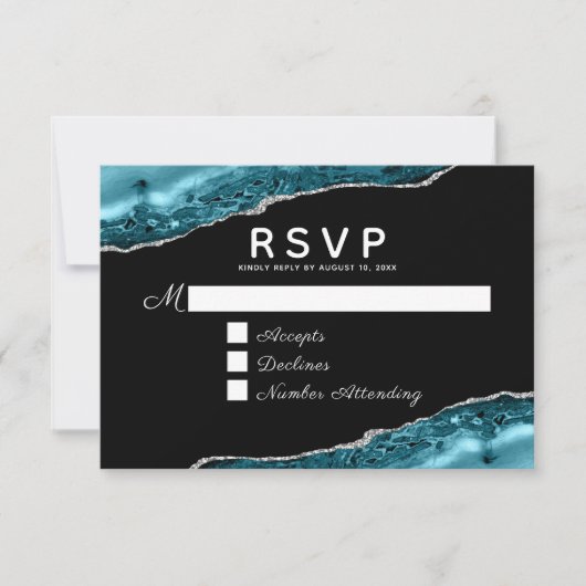 Teal Agate Silver Wedding RSVP Card (Voorkant)