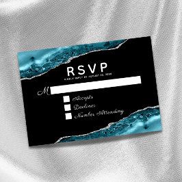 Teal Agate Silver Wedding RSVP Card Kaartje