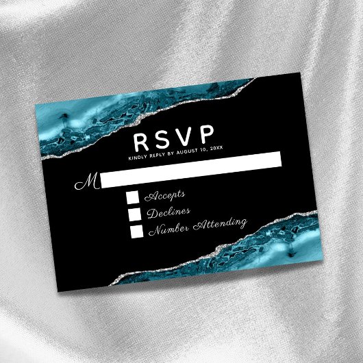 Teal Agate Silver Wedding RSVP Card Kaartje