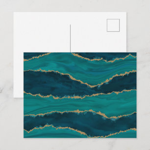 Teal Agate Waves – Abstract marmer met goud Briefkaart