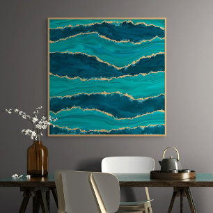 Teal Agate Waves – Abstract marmer met goud Canvas Afdruk
