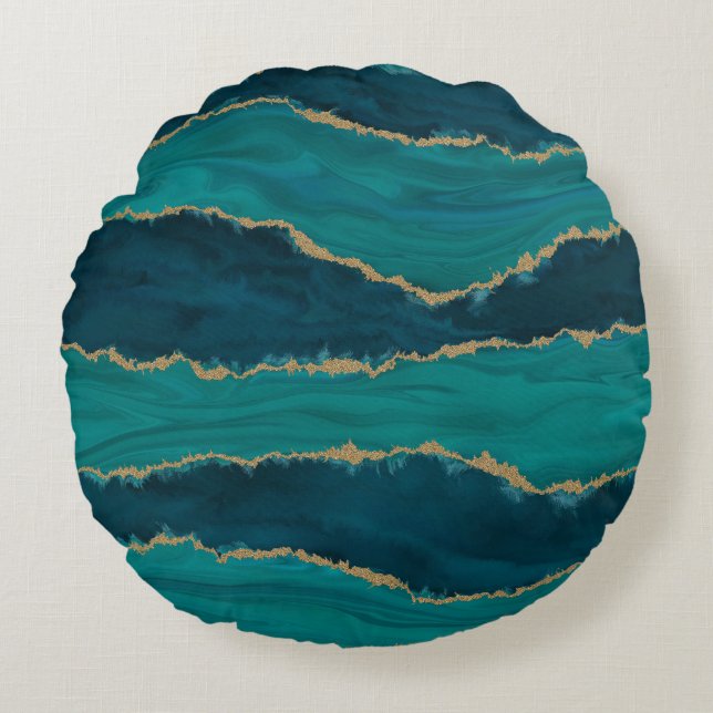 Teal Agate Waves – Abstract marmer met goud Rond Kussen (Voorkant)