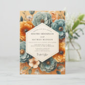 Teal Amber Bloom Romantische Bruiloft Kaart (Staand voorkant)