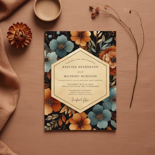 Teal Amber Floral Autumn Wedding Kaart